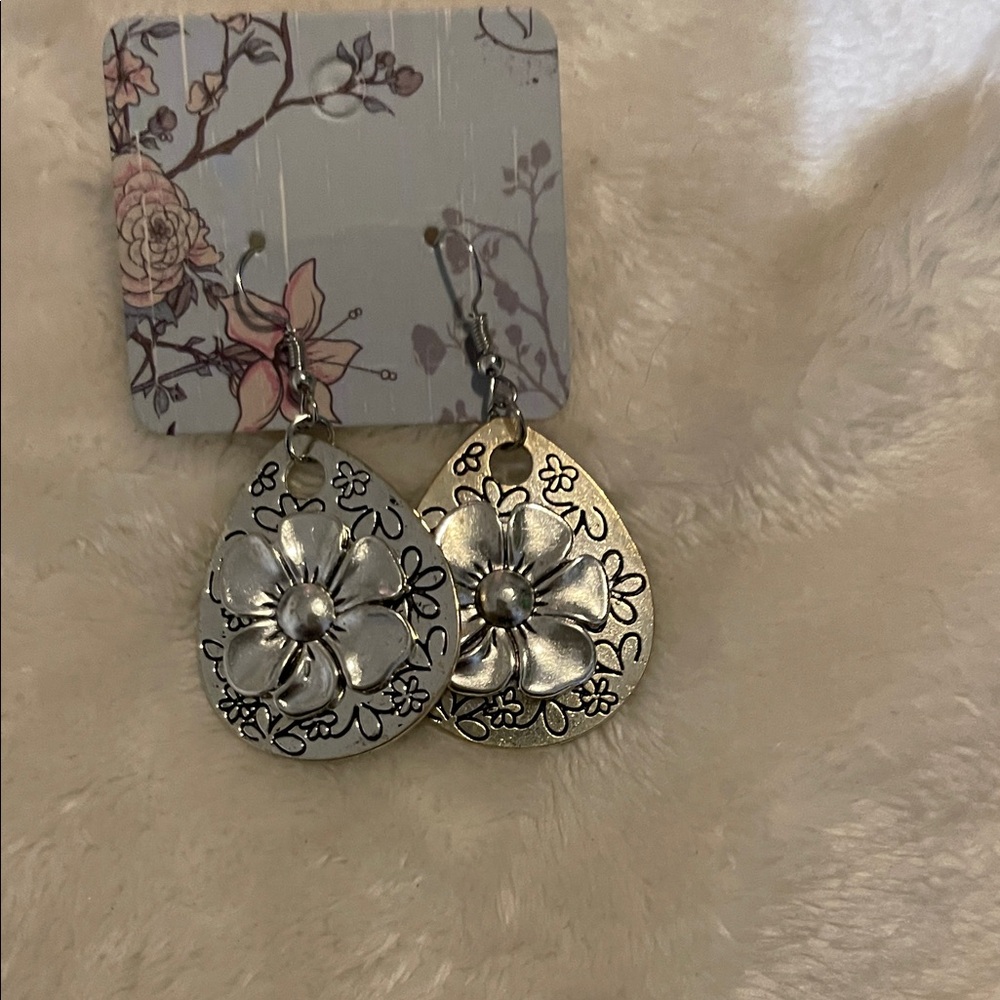 Floral Silver and Gold Teardrop Earrings